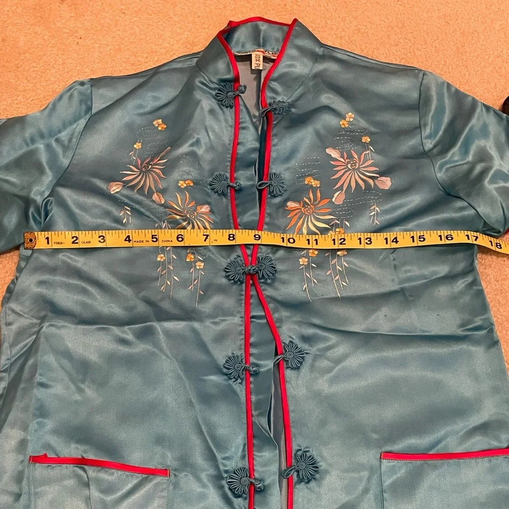 Vintage Teal 100% Silk Pajama Set with Red Trim